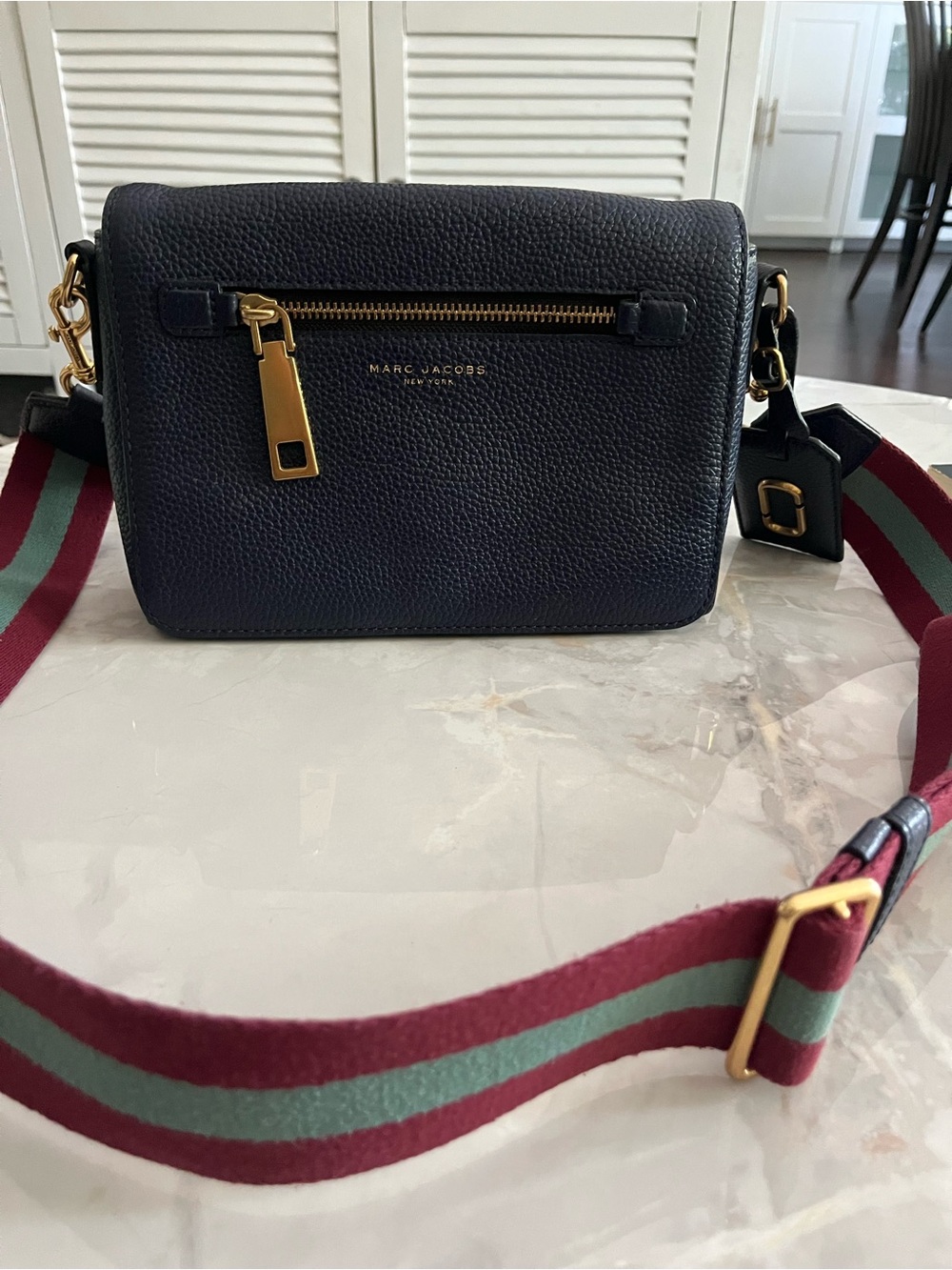 Marc Jacobs Navy Pebbled Leather Crossbody with Burgundy & Sage Stripe Strap